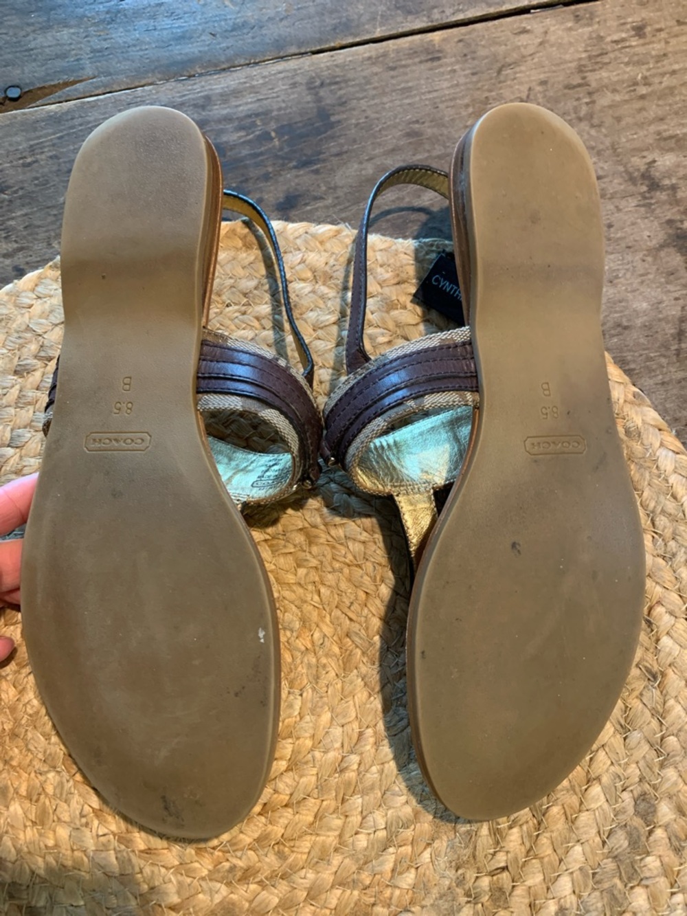 Coach Brown Leather and Signature Canvas Thong Sandals with Metal Accent - Picture 5 of 9